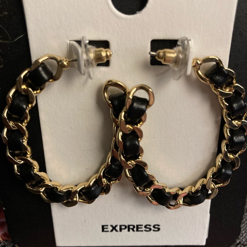 Express Black Leather & Gold Oval Hoop Earrings